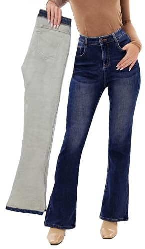 Fakanhui Jeans pour femmes doublés en polaire évasés Bootcut d'hiver doublés de flanelle thermique jeans jeans en denim chaud, bleu foncé, M