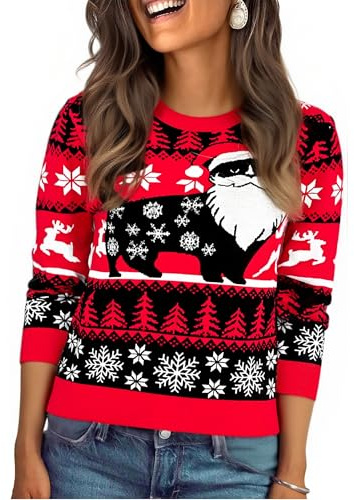Litherday Jersey Navidad Mujer Invierno Suéter Navideño Original con Copos de Nieve y Árbol, Ropa Navidad Mujer Festiva y Cálida para Fiesta,Rojo, XL