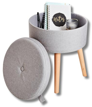3 Pagen Taburete multifuncional redondo con espacio de almacenamiento, taburete de hasta 120 kg, tapa extraíble, taburete acolchado, tapa reversible con placa de madera, diámetro de 36 cm, color gris