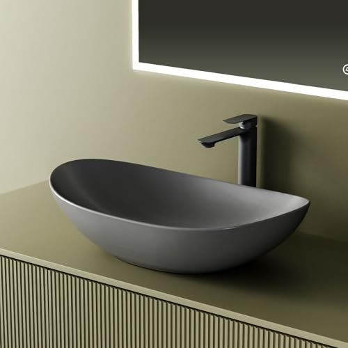EMKE Lavabo à Poser 615 x 360 x 155 mm, Lavabo Ovale en Céramique pour Salle de Bain, Installation sur Comptoir, Gris Mat，Vasque à Main, Lavabo pour Salle de Bain et WC Invités
