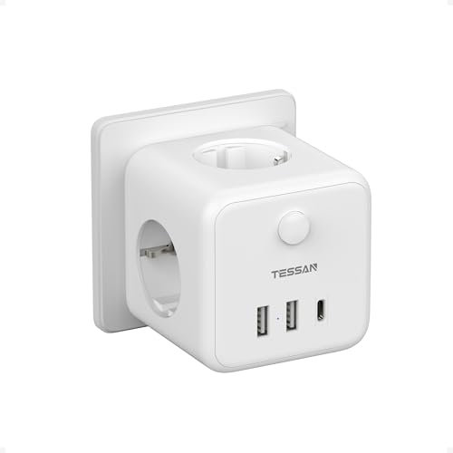TESSAN 6 en 1 Cubo Ladron Enchufes con 3 Tomas CA y 3 USB, 15W Cargador USB C, Triple Enchufe Multiple con Interruptor, 2500W Regleta Pared Compatibles para Sala de Estar, Dormitorio, Oficina, Blanco