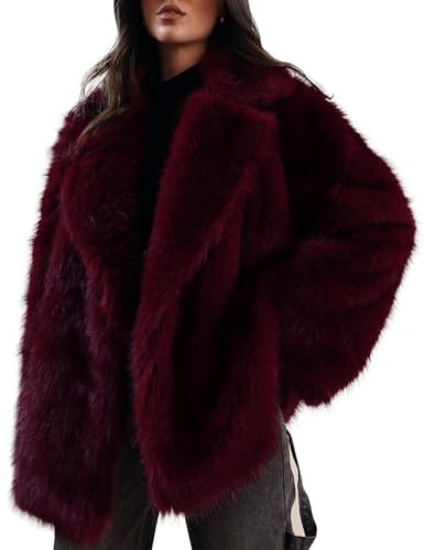 Kissonic Women's Long Faux Fur Coat Lapel Shaggy Winter Jacket Luxury Warm Furry Open Front Outerwear(WineRed-L)