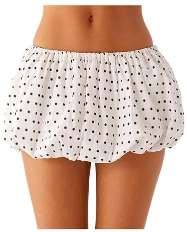 SANSIWU Y2k Bubble Mini Skirt for Women Pleated Ruffle Skirts Polka Dot Low Waist Puffy Flared Balloon A Line Short Skort (White, L)