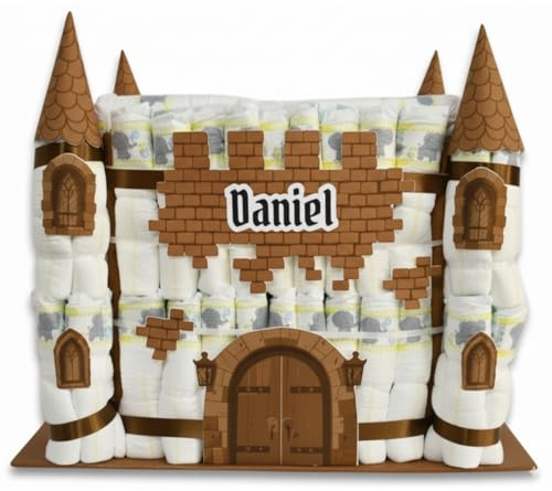 CASTILLO DE PAÑALES con 170 pañales - Regalos para recién nacido - Baby shower - Regalo para bebés - Regalos con pañales - TARTAS DE PAÑALES Y MÁS (MARRÓN)