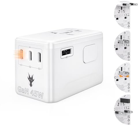Universell adapter, GaN 45 W universell reseadapter med 3 USB-C-portar (PD C1 snabbladdning), 1 USB-A-port, reseadapter för EU/UK/US/AU-uttag (typ E, F, G, B, I)