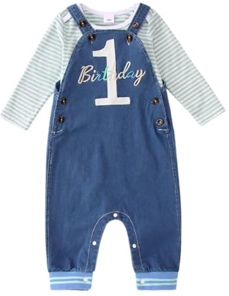 BOUTIKOME Garçons 1er Anniversaire Tenue Bébé Garçon Combinaison Ensemble Nouveau-né Vêtements Rayures Manches Longues Barboteuse Réglable Jeans Salopette avec Boutons Broderie Imprimante Ensemble de