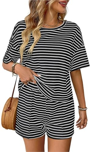crazy bean Tuta Donna Sportiva Completi Estivi Donna 2 Pezzi Elegante a Righe Spiaggia Set Pantaloncini Corto e Maglietta Casual Nero L