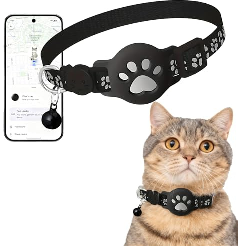 Collare Gps Gatto, Gps per Gatti, Design Impermeabile e Regolabile con Strisce Riflettenti, Senza Sim Senza Abbonamento (Nero, Compatibile con Android)