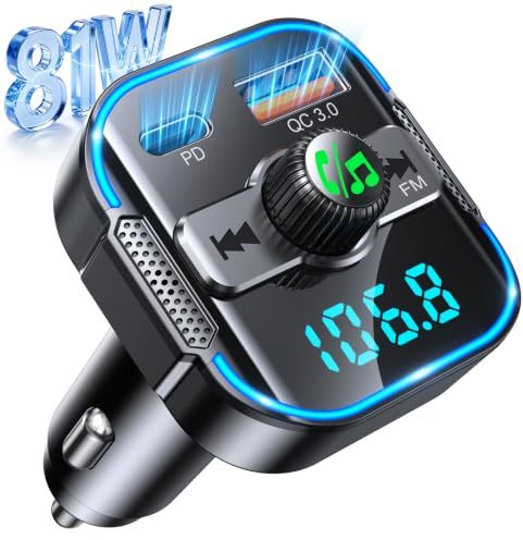 Glangeh Trasmettitore FM Bluetooth 5.3 per Auto [Ricarica Rapida PD 45W+QC3.0 36W], 2026 Upgrated Adattatore Bluetooth Auto Audio Radio con Doppi Microfoni, Car Kit Chiamata Vivavoce, Supporta Siri