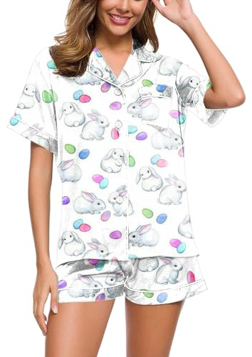 Conjunto de 2 piezas para mujer, estampado gráfico floral, camisa de manga corta y pantalones cortos con botones (White, S)