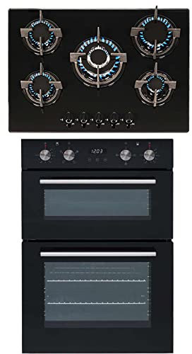 SIA 60cm Built In Double Electric Oven & Black 70cm 5 Burner Gas On Glass Hob