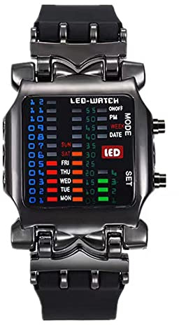 MINILUJIA Men Cool Digital Watch Binary Time LED Display Waterproof with Rubber Band Unique Creative Fashion Sport Wristwatches One PCS (Black)