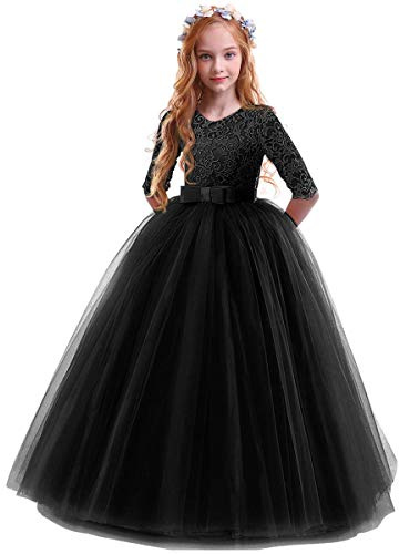 OBEEII Vestido de princesa para niña, vestido de noche para boda, dama de honor, niña de flores, cumpleaños, fiesta, juventud, carnaval, cóctel, danza, vestido de fiesta de 2 a 14 años, Negro , 7-8