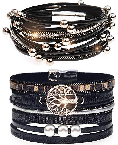 Suyi Mehrschichtiges Lederarmband-Set 2 Stück Perlen Wickelarmband Armbänder Mit Handgelenksmanschette Und Magnetschnalle Für Frauen Black