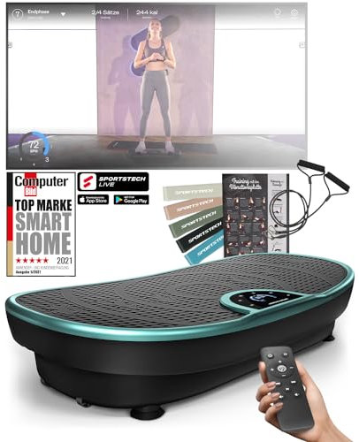 Sportstech - VP250 Pedana Vibrante, Potente Palestra in Casa Piattaforma Vibrante con Motore Silenzioso da 200W, Attrezzi Fitness con 180 Livelli e 7+1 Programmi, Display Digitale Touch, Turchese