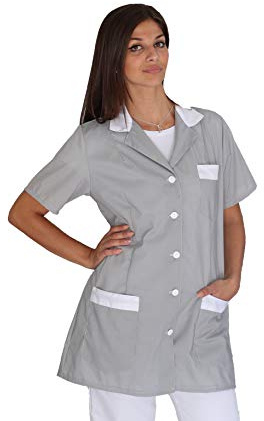 tessile astorino Ricamo Gratuito - Camice da Lavoro Donna - Grigio e Bianco - Divisa per Maestra, Imprese di Pulizia, Parrucchiera, Estetista, Scuola Infanzia - Casacca Personalizzata (Large)