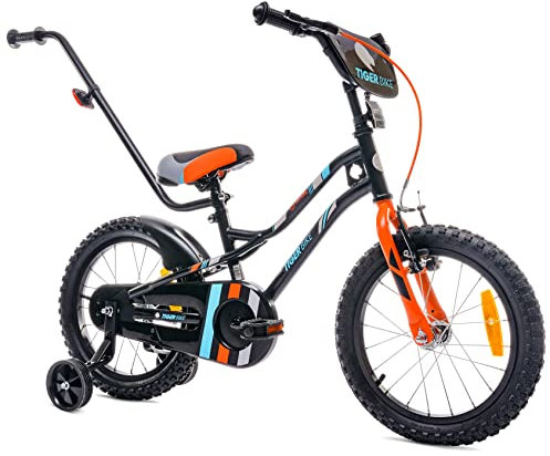 sun baby Jungenfahrrad 16 Zoll Jungen Kinderfahrrad Tiger Bike Leicht Stützräder mit Schubstange ab 2-6 Jahre BMX Fahrrad Kinder (Schwarz-Orange, 16 Zoll)