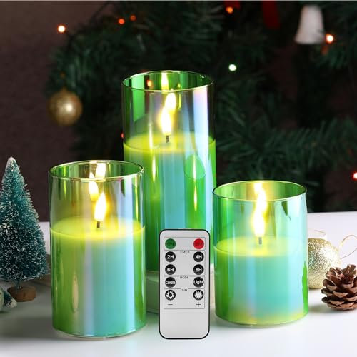 Eywamage Grün Glas Flammenlose Kerzen mit Fernbedienung, Batterie LED Stumpenkerzen 3 Stück