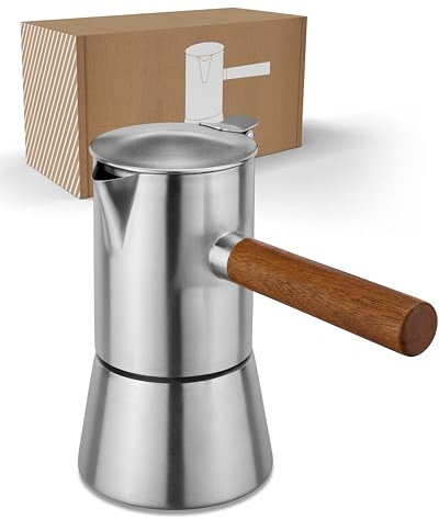 LAMBDA COFFEE® Cafetera espresso apta para inducción, 100 ml, acero inoxidable, 1 – 2 tazas, jarra pequeña para exterior, olla moca, cafetera expreso como accesorio de camping