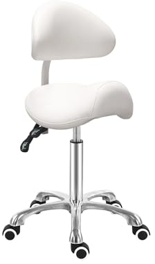 Antlu Tabouret de selle avec dossier ergonomique pour salon de tatouage, spa, dentiste, clinique (dossier réglable, blanc)
