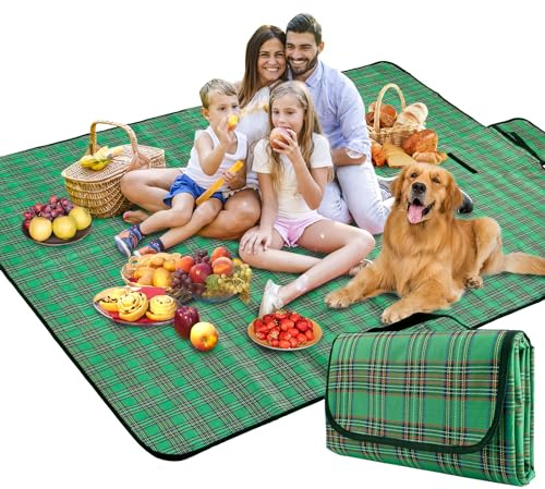 SOMIYAMI Tartan Picnic Blanket Waterproof, Garden Outdoor Camping Blanket, Beach Picnic Mat With Carrying Handle, Washable Multipurpose 150 x 200cm (Green)