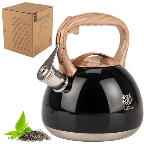 KARL HAUSMANN Wasserkessel Induktion - 3L - Schwarz Teekessel mit Automatischer Pfiff - Edelstahl Wasserkocher für Induktionsherd, Gasherd und Elektroherd - Pfeifkessel - Teekanne - Flötenkessel