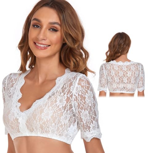 Meifiyu Chemisier Femme Dentelle, Dirndl Blouse Traditionnel, Blanc, Taille S, Col V, Manche Courte, Dentelle Transparent, Confortable et Respirant, Artisanat Exquis