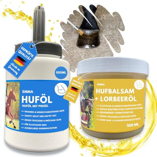 EMMA Huföl Pferde mit Pinsel & Huffett Pferd mit Lorbeeröl 2x500ml Hufbalsam für Pony I Huföl Pferd - Hufpflege für Pferde Schnelle Hilfe für trockene Hufe Strahlfäule Strahlmittel I Hufgel Öl Gel