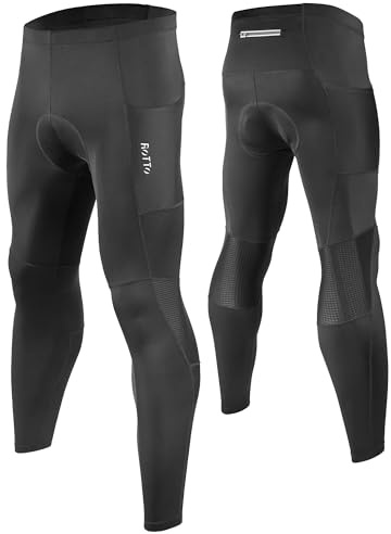 ROTTO Mens Cycling Tights Padded Biking Pants Bike Riding Leggings with Multiple Pockets
