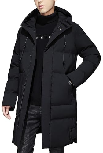 SAUTRV dunjacka med huva män, lång pufferkappa parkas pufferjacka huva vindtät tjock parkas lång vadderad pufferjacka quiltad lätt pufferparkas kappa långa jackor för män, Svart, L