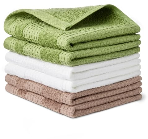 Amazon Basics 100% Organic Cotton Waffle Kitchen Dish Cloths, Ultra Absorbent, Quick Drying, Lint-Free, 12 x 12 inches, 6-Pack (2 Brown, 2 Olive, 2 Navy)