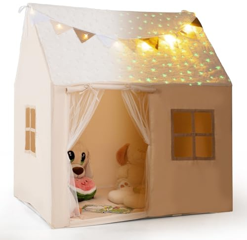 COSTWAY Tienda de Campaña Infantil, Casita Infantil de Tela con Cortinas de Gasas, Ventanas, Luces Estrelladas, Banderines, Alfombra Acolchonada, Tipi Lavable Interior para Niños (Beige)