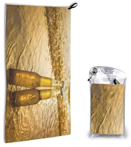 WKSGDSG Quick-Dry Microfiber Towel 80x40 cm With Carabiner & Pouch, Bottles Beer Beach Sunset Time, Fast-Drying Reusable Beach Towel, Super Absorbent Lightweight Travel Towel For Sports Camping Gym