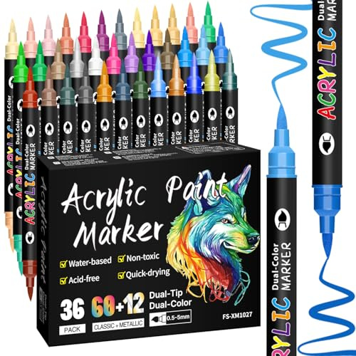 Alitastro Dual Tip Acrylic Paint Pens 36 Pack 72 Colors Acrylic Markers | Waterproof, Quick Dry, Fade Resistant, Water-based Marker Pens for Adults for Rock Painting Wood Glass Ceramic Easter Egg