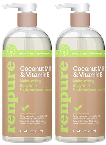 Renpure Coconut Milk & Vitamin E Moisturizing Body Wash - Gently Cleanses & Restores Moisture Balance - For Soft, Hydrated & Healthy-Looking Skin - With Coconut Oil & Vitamin E - 24 Fl Oz, 2 Pack