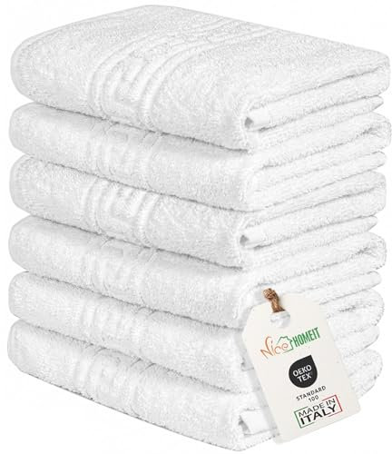 nice homeit Set mit 6 Handtüchern für Gesicht und Hände 40 x 60 cm – Badetücher aus 100% ringgesponnener Baumwolle – extra weich und saugfähig – Made in Italy – Weiß