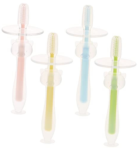 WOONEKY 4 Stück Babyzahnbürsten Aus Sicherem Silikon Mit Saugnapf Kleinkind Zahnbürste Ab 6 Monaten Weich Und Standsicher Für Zahnpflege Zu Hause