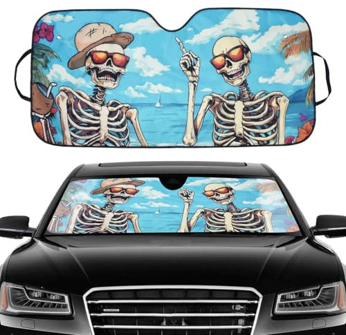 Blueshyhall Pare-soleil de voiture avec motif squelette de tête de mort - Protection solaire avant en film d'aluminium avec ventouse - Pour l'été - Pour voiture (145 x 70 cm)