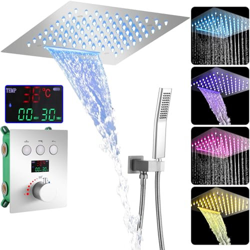 WRKMH Colonne Douche Encastrable Chrome, LED 64 Couleurs Colonne de Douche Thermostatique avec Affichage Numérique, Ensemble Douche avec 2 Fonctionnel Pommeau de Douche