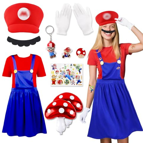 Costume Cosplay Femme - Super Brothers Jupe Déguisement avec Casquette, Moustache, Ballons, Tatouages, Broches, Robe Cos, Jupe pour Fille Cosplay Pour Jeu Vidéo Fêtes pour Halloween, Noël, Carnaval L