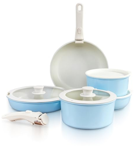 Gourmetific 11 Pcs Cookware Set Non Stick Pots and Pans, Ceramic Skillet Saucepan with Removable Handles, Stackable Kitchen Cookware for Induction Gas and Oven, Easy Clean Cooking (Sky Blue)