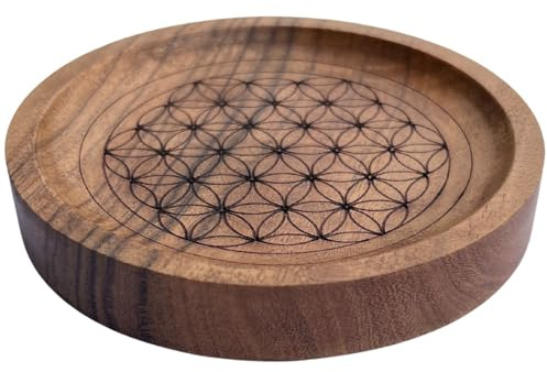 Trintura Soucoupe fleur de vie en bois de manguier Ø 12 cm – Plaque d'énergie et dessous de verre – Fait à la main – Grain de bois naturel gravé au laser – Décoration spirituelle et idée cadeau