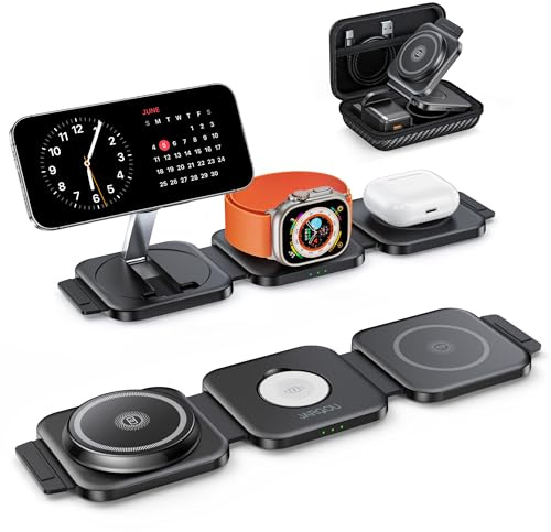 JARGOU 3 in 1 Wireless Charging Station for Apple, Foldable Wireless Charger Stand for MagSafe Charger for iPhone 17 Pro Max 16 15 14 13 12, Apple Watch Series, AirPods Pro 4 3 2 (with Storage Box)