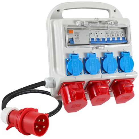 Väggfördelare, 2 x CEE 400 V/16 A 4 x 230 V Schuko IP44 5-polig distributör, byggarbetsplatsfördelare 32a, med kabelsäkert gångjärnslock, med RCCB-brytare, med 1,2 m matningskabel för