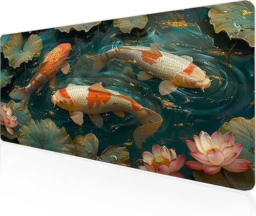 Musmatta Koi spelmusmatta damm stor skrivbordsmatta 900 x 400 x 3 mm, arbete från hem väsentligheter halkfri gummibas specialstruktur vattentålig yta slitstark skrivbord matt för kontor laptop Y1-851
