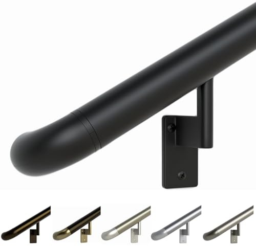 Promenaid Satin Black 5ft ADA Handrail Kit - Complete Indoor/Outdoor Stair Handrail - 1.6 Round Satin-Anodized Aluminum Railing with 3 Satin Black Painted Pivoting Brackets & ADA Wall Returns