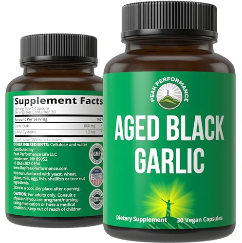 Peak Performance Aged Black Garlic Capsules. Raw Vegan Pure Odorless Extract Supplement Pills for Cholesterol, and Immune Support. from Garlic Bulb with S-Allyl Cysteine and Antioxidants