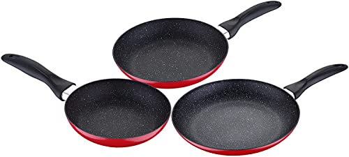 San Ignacio - Colección Red & Marble, Juego de 3 Sartenes de 16, 20 y 24 cm y Utensilios de cocina, Antiadherentes, de Aluminio Forjado con Mango ergonómico, Sin PFOA