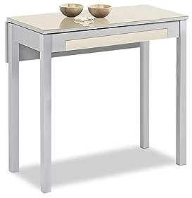 ASTIMESA Mesa de Cocina Extensible 1 ala caída - 80x40 cm (80x60 cm) - Estructura y ala caída Color Aluminio - Tapa Cristal Color Beige