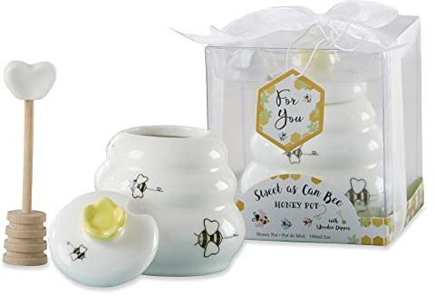 Kate Aspen Sweet as Can Bee Ceramic Mini Honey Pot with Wooden Honey Dipper (3.4 oz) Honey Jar, Bee Decor, White/Yellow (23261WT)